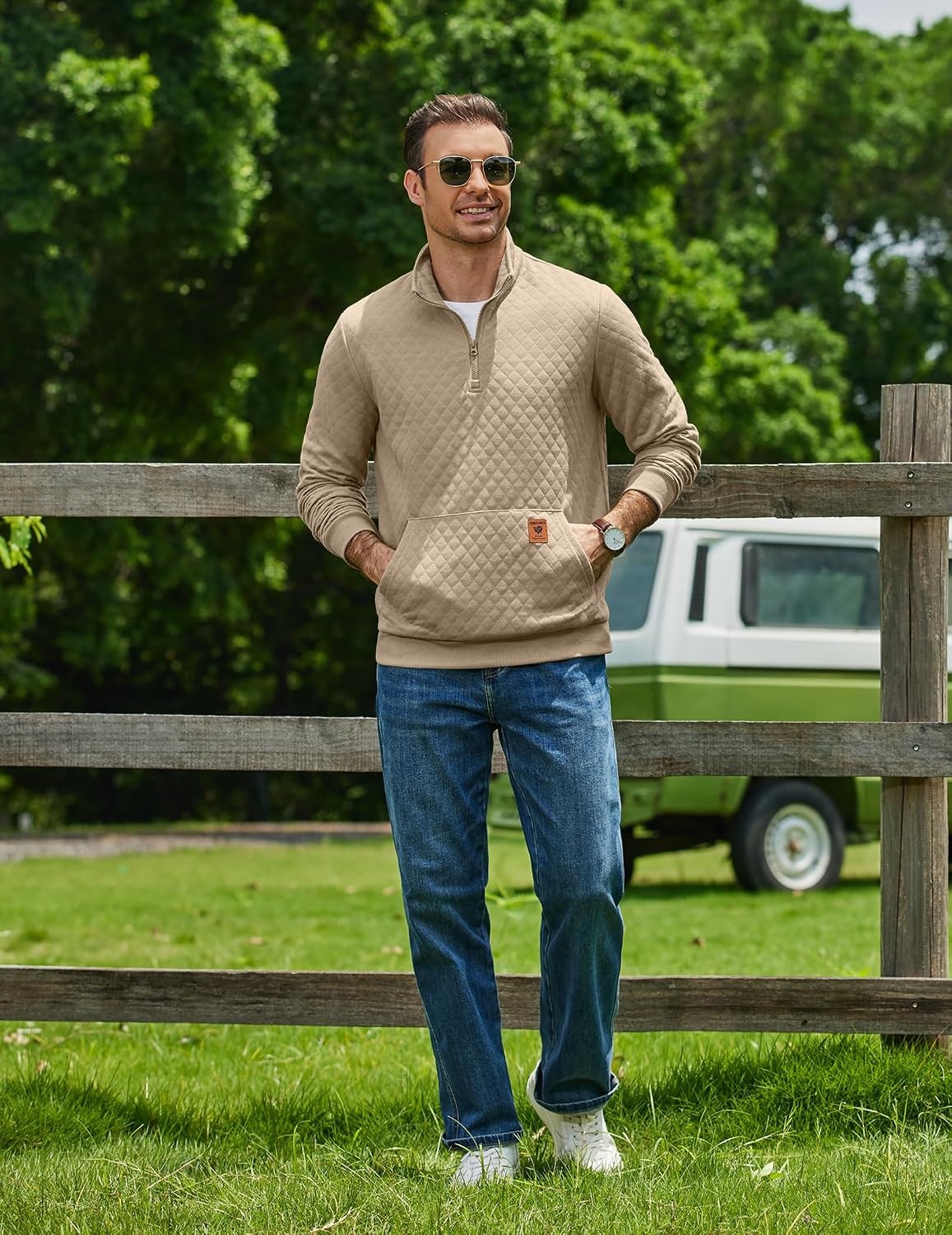 image:imageCOOFANDY Mens Quarter Zip Pullover Long Sleeve Sweatshirt Kangaroo Pocket Waffle Quilted Half Zip Sweater Stylish Casual Pullover with Ribbed Cuffs for Fall amp Winter 2026 FashionAll Khaki