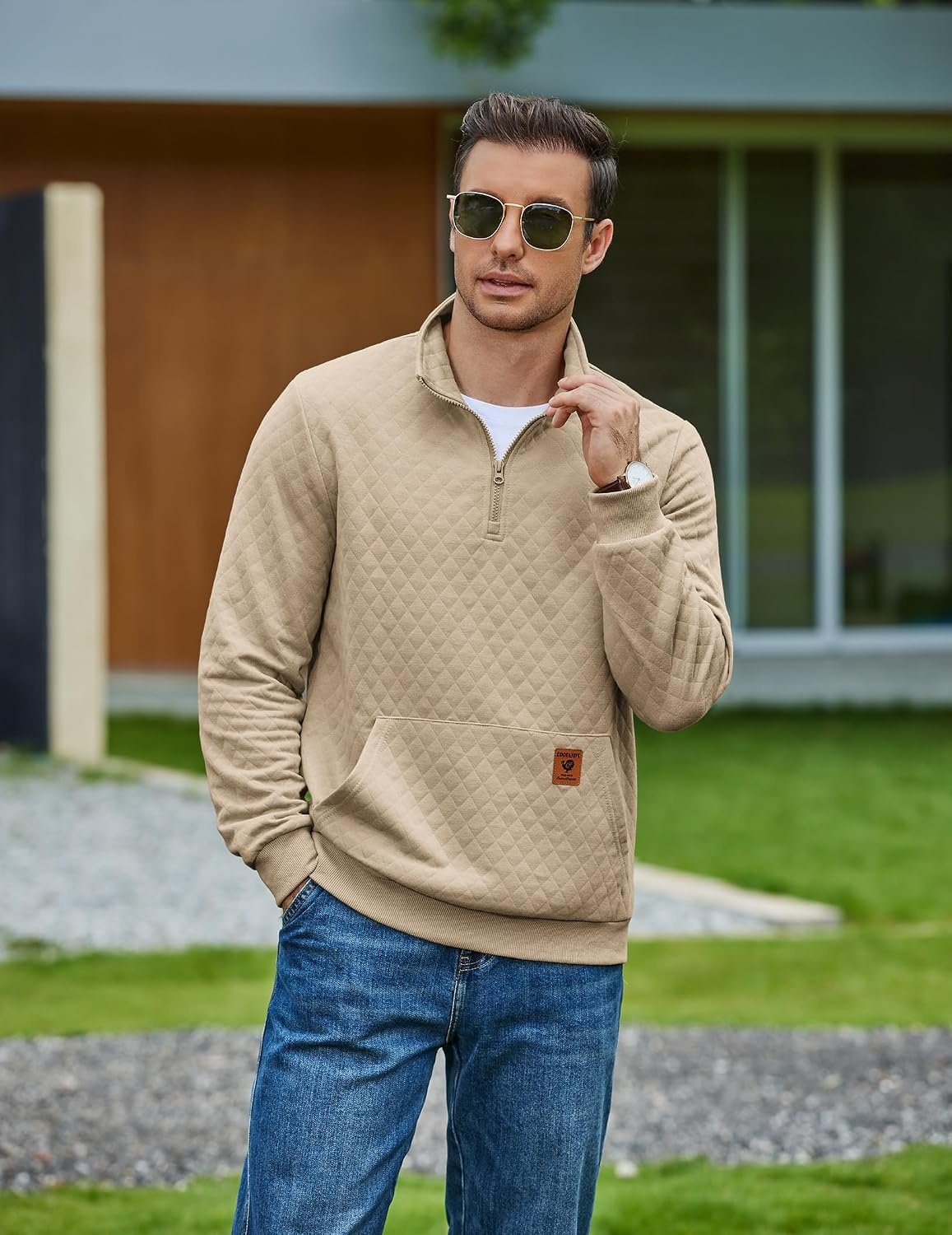 image:imageCOOFANDY Mens Quarter Zip Pullover Long Sleeve Sweatshirt Kangaroo Pocket Waffle Quilted Half Zip Sweater Stylish Casual Pullover with Ribbed Cuffs for Fall amp Winter 2026 FashionAll Khaki