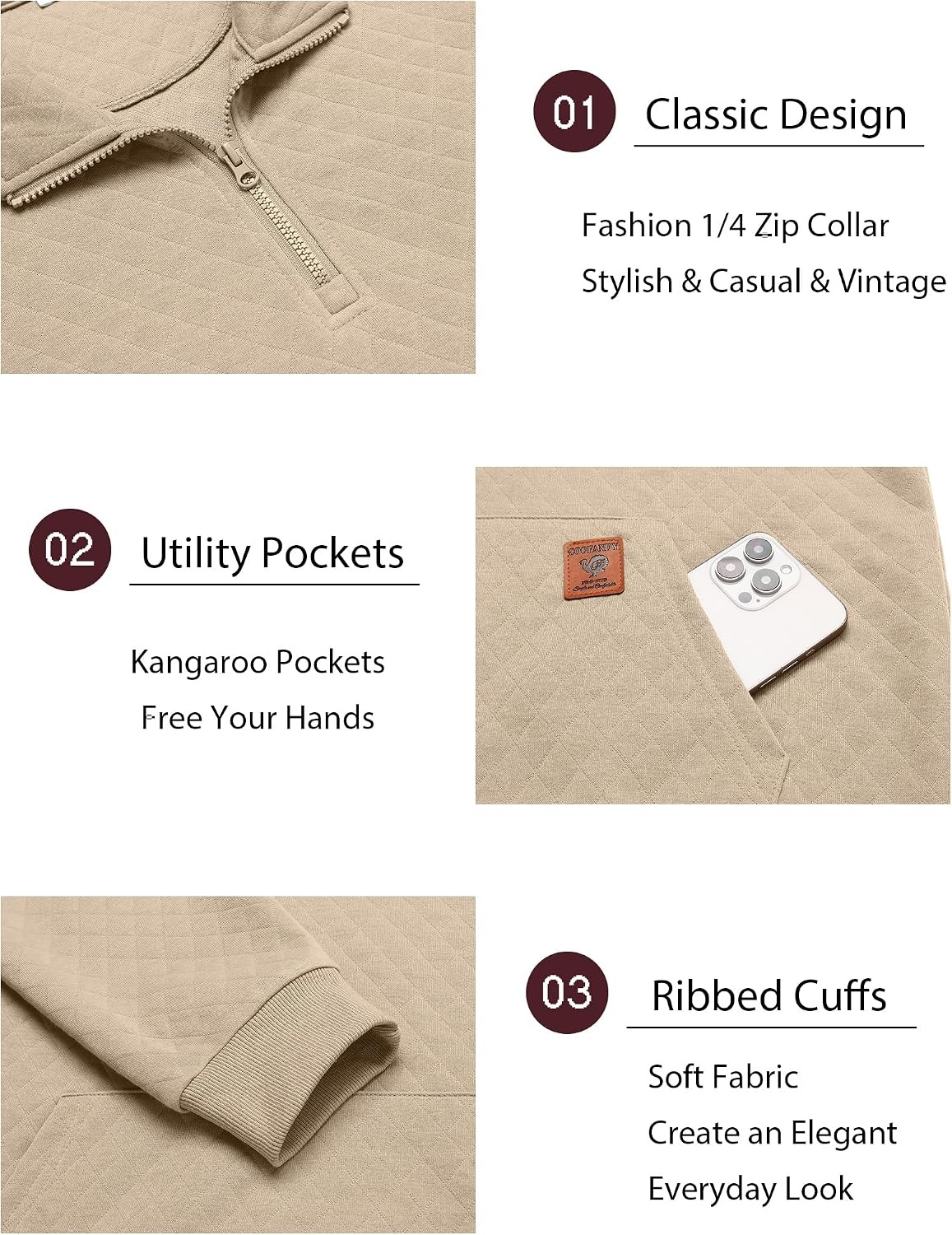 image:imageCOOFANDY Mens Quarter Zip Pullover Long Sleeve Sweatshirt Kangaroo Pocket Waffle Quilted Half Zip Sweater Stylish Casual Pullover with Ribbed Cuffs for Fall amp Winter 2026 FashionAll Khaki