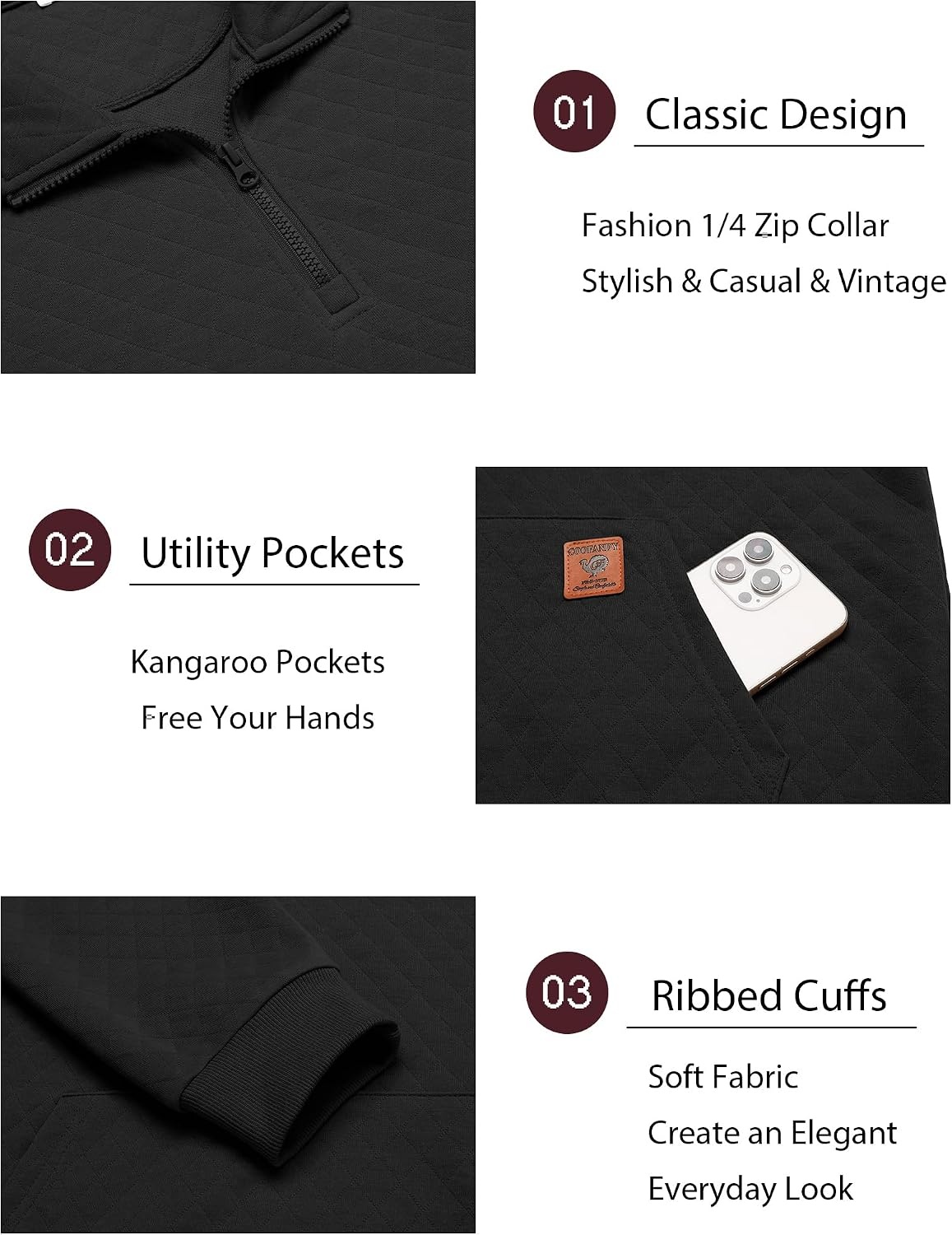 image:imageCOOFANDY Mens Quarter Zip Pullover Long Sleeve Sweatshirt Kangaroo Pocket Waffle Quilted Half Zip Sweater Stylish Casual Pullover with Ribbed Cuffs for Fall amp Winter 2026 FashionBlack