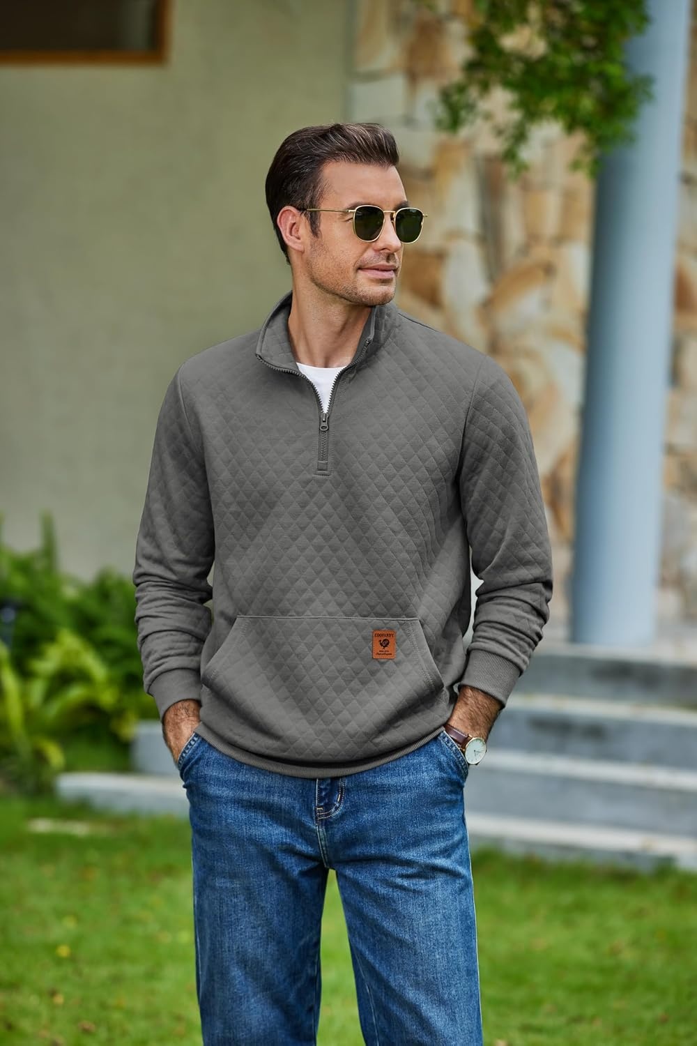 image:imageCOOFANDY Mens Quarter Zip Pullover Long Sleeve Sweatshirt Kangaroo Pocket Waffle Quilted Half Zip Sweater Stylish Casual Pullover with Ribbed Cuffs for Fall amp Winter 2026 FashionDark Gray
