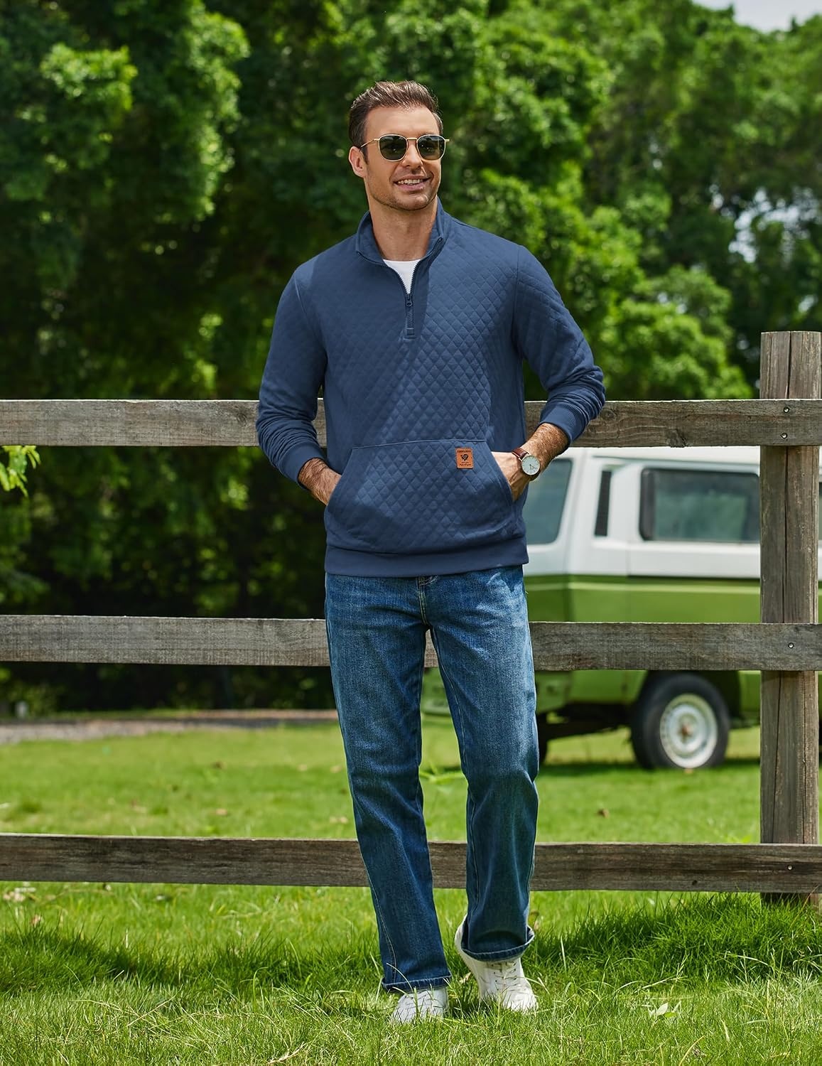 image:imageCOOFANDY Mens Quarter Zip Pullover Long Sleeve Sweatshirt Kangaroo Pocket Waffle Quilted Half Zip Sweater Stylish Casual Pullover with Ribbed Cuffs for Fall amp Winter 2026 FashionSlate Blue