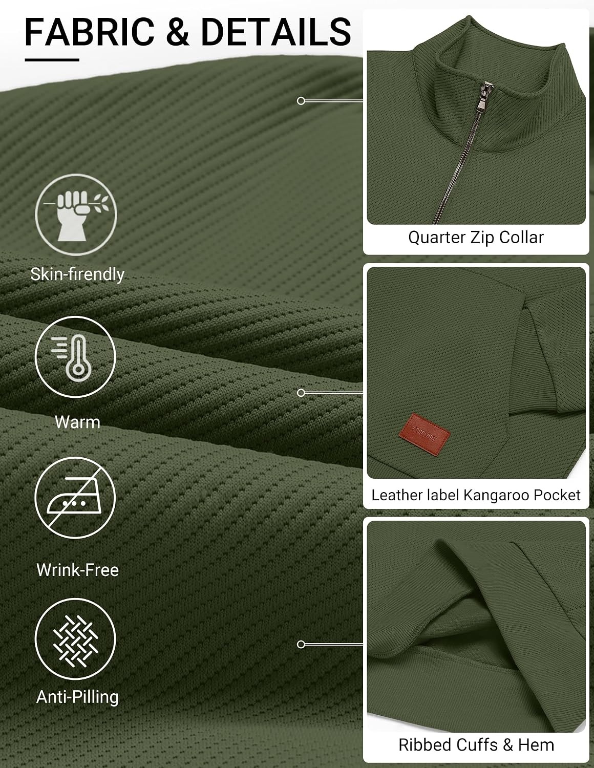 image:imageCOOFANDY Mens Quarter Zip Pullover Wrinkle Free 14 Sweatshirt with Pocket Quilted Texture 2026 Fall Fashion Long Sleeve Lightweight Collar Golf Pullover and SweaterArmy Green