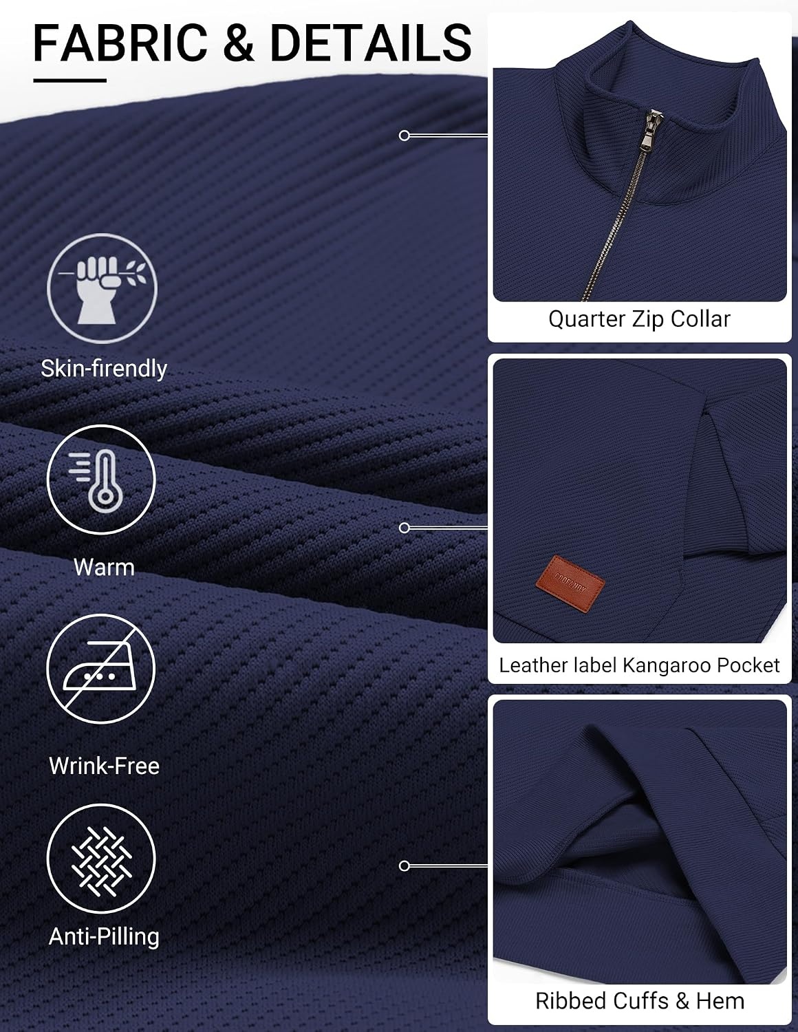 image:imageCOOFANDY Mens Quarter Zip Pullover Wrinkle Free 14 Sweatshirt with Pocket Quilted Texture 2026 Fall Fashion Long Sleeve Lightweight Collar Golf Pullover and SweaterNavy Blue