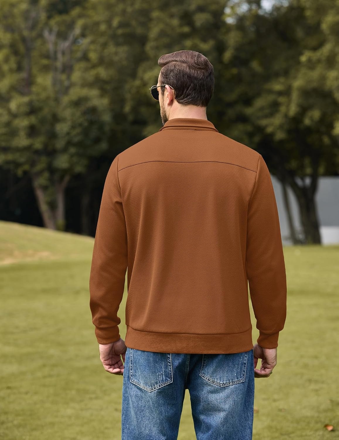 image:imageCOOFANDY Mens Quarter Zip Pullover Wrinkle Free 14 Sweatshirt with Pocket Quilted Texture 2026 Fall Fashion Long Sleeve Lightweight Collar Golf Pullover and SweaterLight Brown