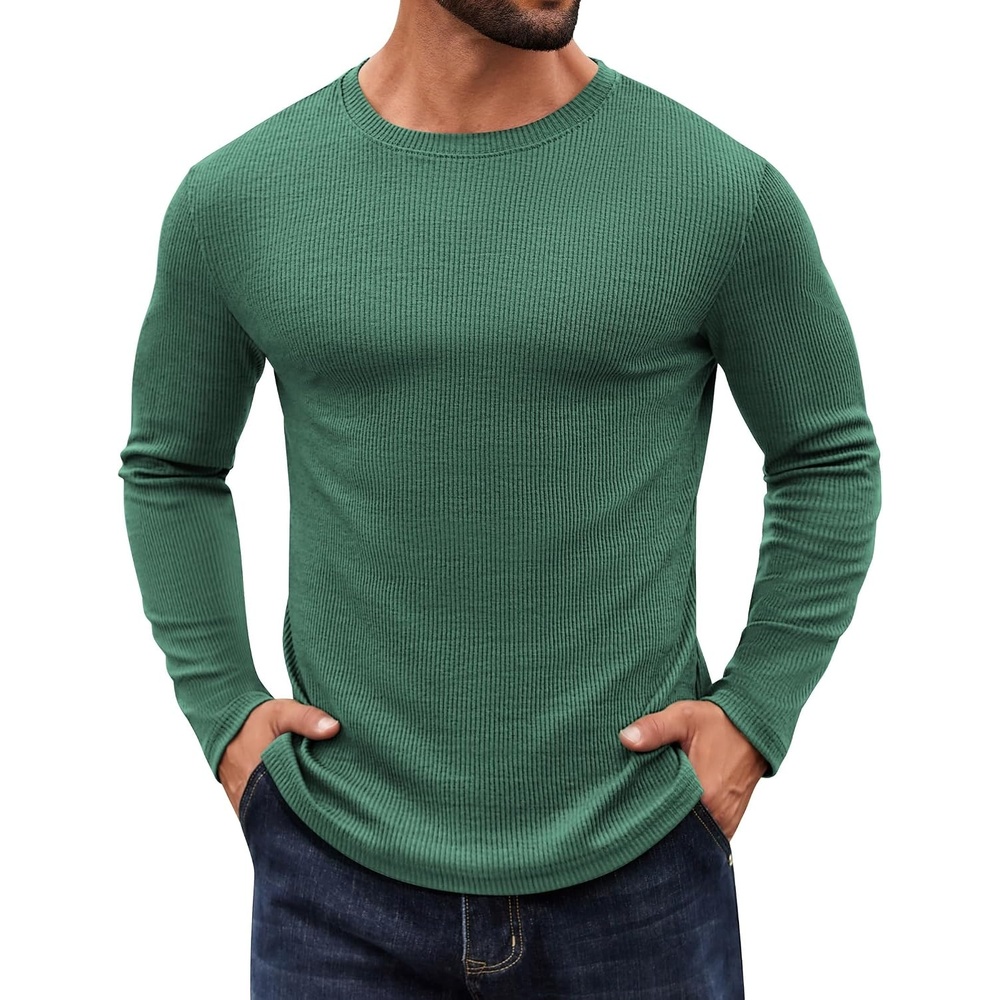 image:imageCOOFANDY Crewneck Sweaters for Men Slim Fit Long Sleeve Pullover Tops Stretch Ribbed Knit Soft Touch Fabric High Elasticity Thermal Long Sleeve Tee ShirtsGreen