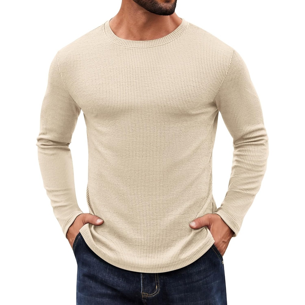 image:imageCOOFANDY Crewneck Sweaters for Men Slim Fit Long Sleeve Pullover Tops Stretch Ribbed Knit Soft Touch Fabric High Elasticity Thermal Long Sleeve Tee ShirtsLight Khaki