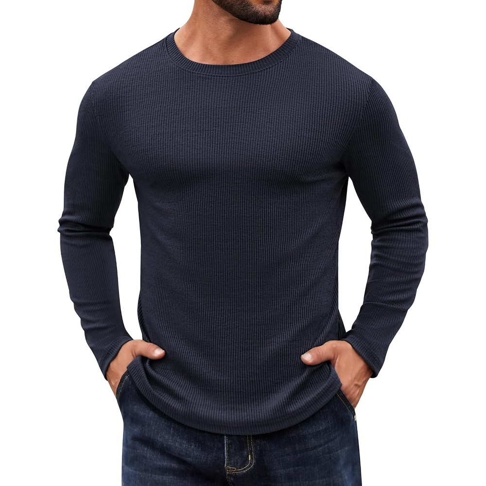 image:imageCOOFANDY Crewneck Sweaters for Men Slim Fit Long Sleeve Pullover Tops Stretch Ribbed Knit Soft Touch Fabric High Elasticity Thermal Long Sleeve Tee ShirtsNavy Blue