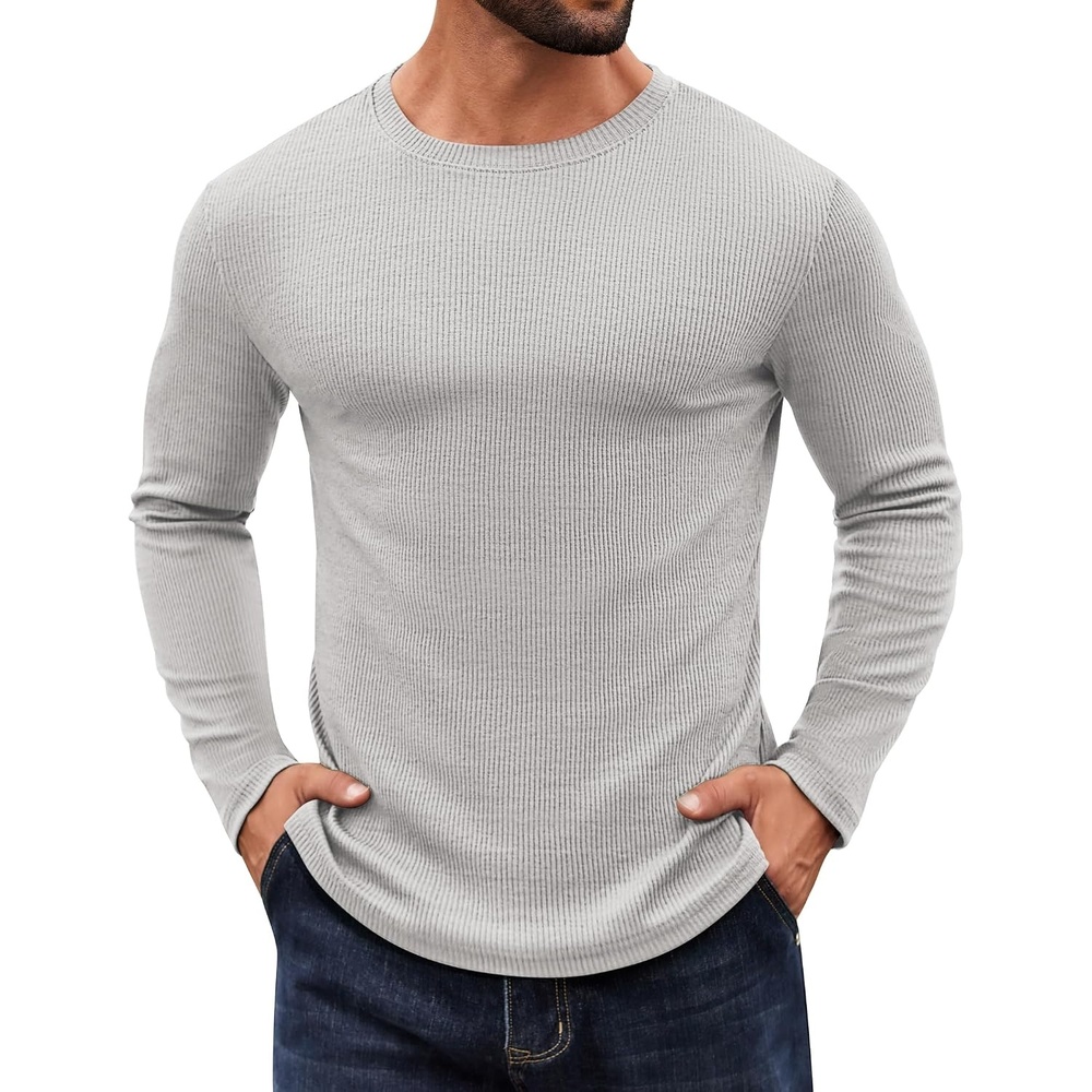 image:imageCOOFANDY Crewneck Sweaters for Men Slim Fit Long Sleeve Pullover Tops Stretch Ribbed Knit Soft Touch Fabric High Elasticity Thermal Long Sleeve Tee ShirtsLight Grey