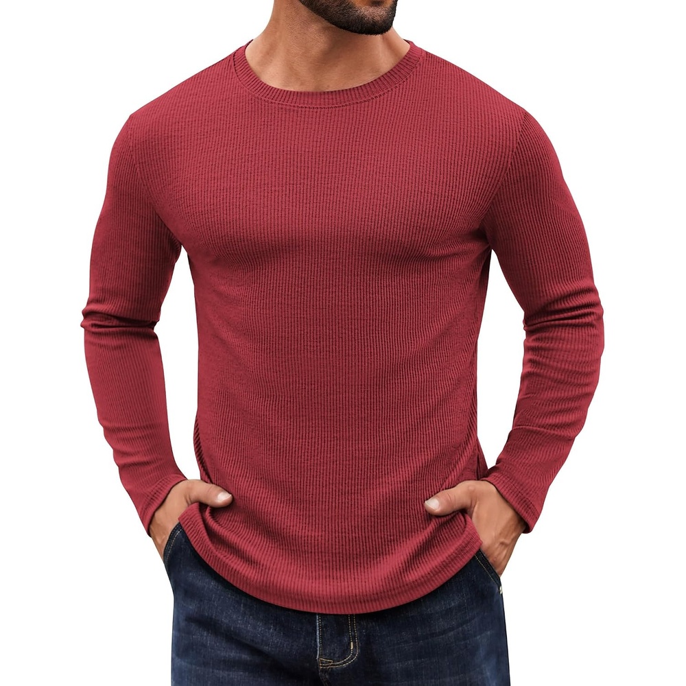 image:imageCOOFANDY Crewneck Sweaters for Men Slim Fit Long Sleeve Pullover Tops Stretch Ribbed Knit Soft Touch Fabric High Elasticity Thermal Long Sleeve Tee ShirtsRed
