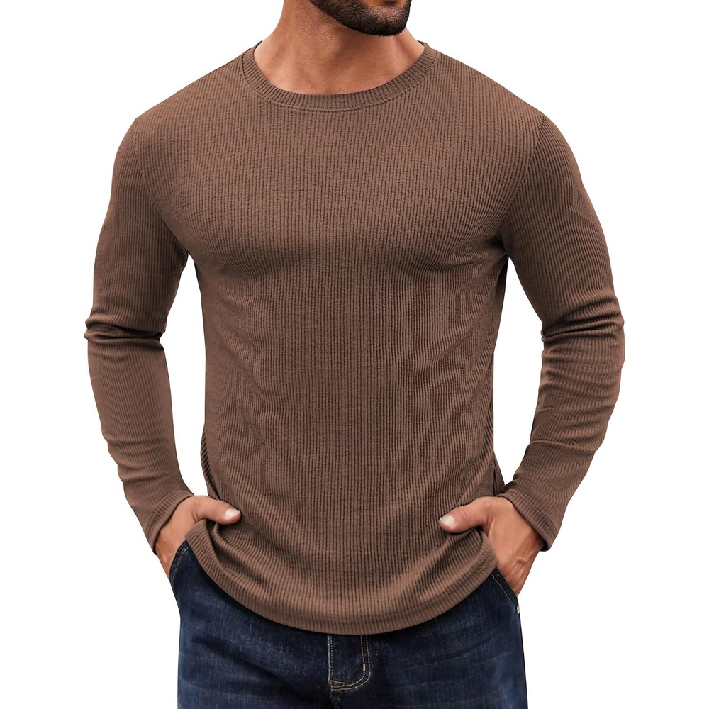 image:imageCOOFANDY Crewneck Sweaters for Men Slim Fit Long Sleeve Pullover Tops Stretch Ribbed Knit Soft Touch Fabric High Elasticity Thermal Long Sleeve Tee ShirtsBrown