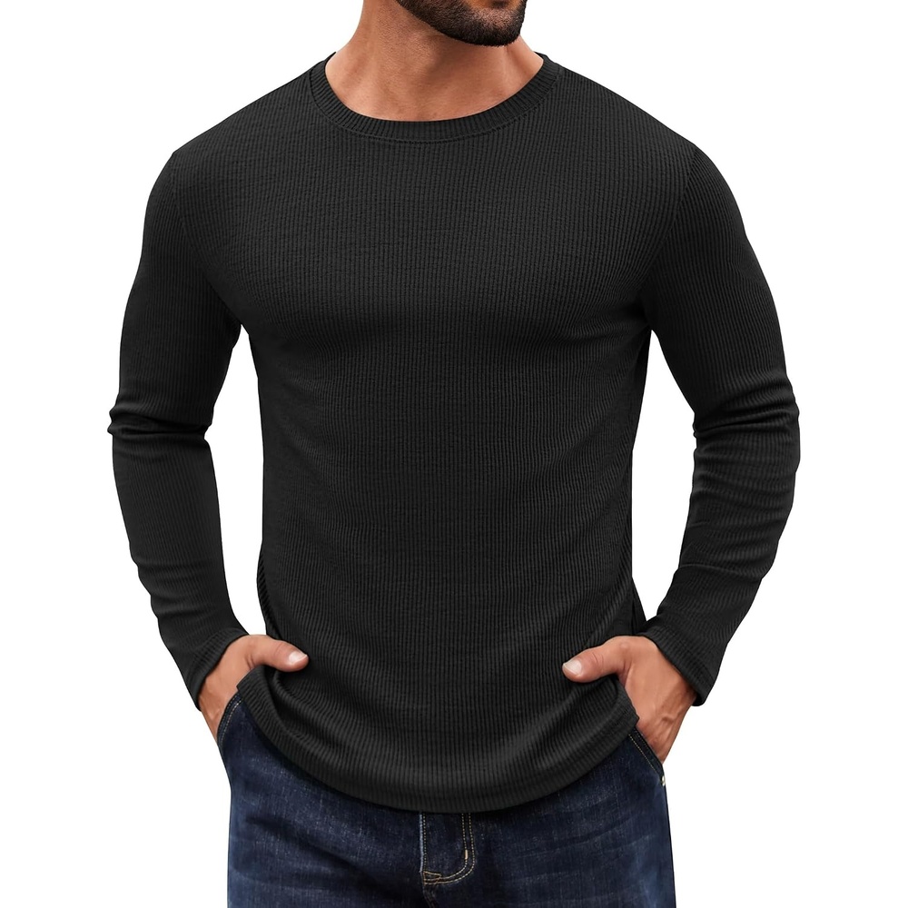 image:imageCOOFANDY Crewneck Sweaters for Men Slim Fit Long Sleeve Pullover Tops Stretch Ribbed Knit Soft Touch Fabric High Elasticity Thermal Long Sleeve Tee ShirtsAll Black