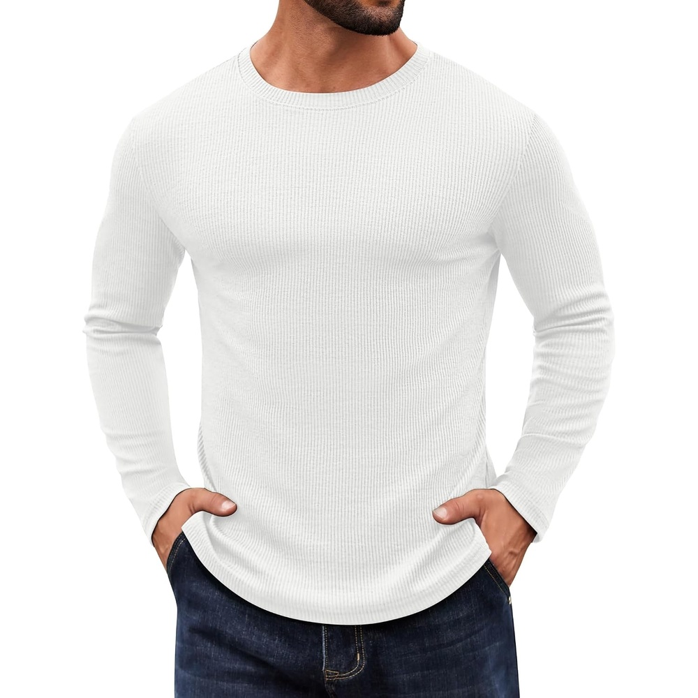 image:imageCOOFANDY Crewneck Sweaters for Men Slim Fit Long Sleeve Pullover Tops Stretch Ribbed Knit Soft Touch Fabric High Elasticity Thermal Long Sleeve Tee ShirtsAll White