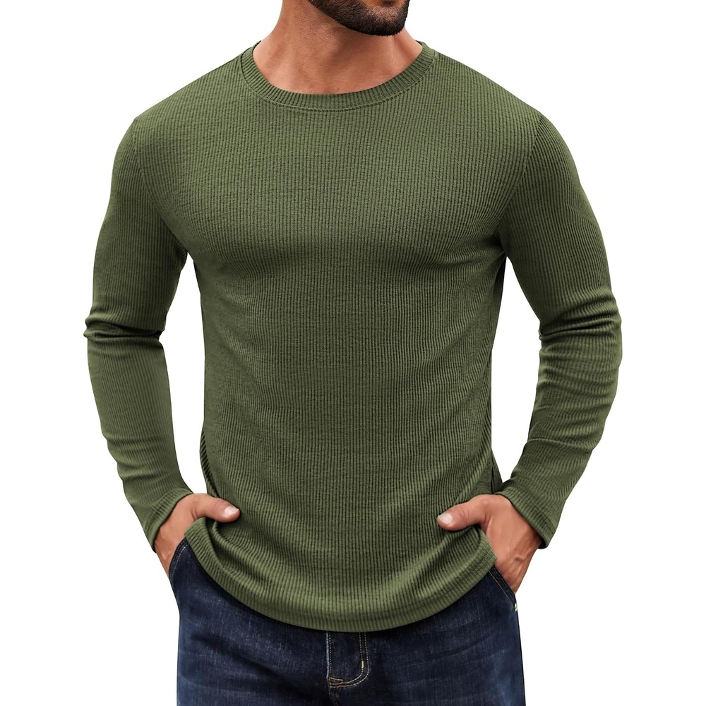 image:imageCOOFANDY Crewneck Sweaters for Men Slim Fit Long Sleeve Pullover Tops Stretch Ribbed Knit Soft Touch Fabric High Elasticity Thermal Long Sleeve Tee ShirtsArmy Green