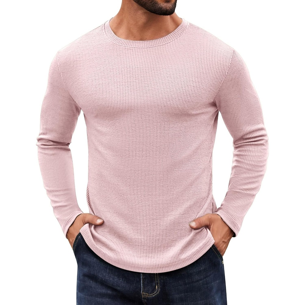 image:imageCOOFANDY Crewneck Sweaters for Men Slim Fit Long Sleeve Pullover Tops Stretch Ribbed Knit Soft Touch Fabric High Elasticity Thermal Long Sleeve Tee ShirtsPink