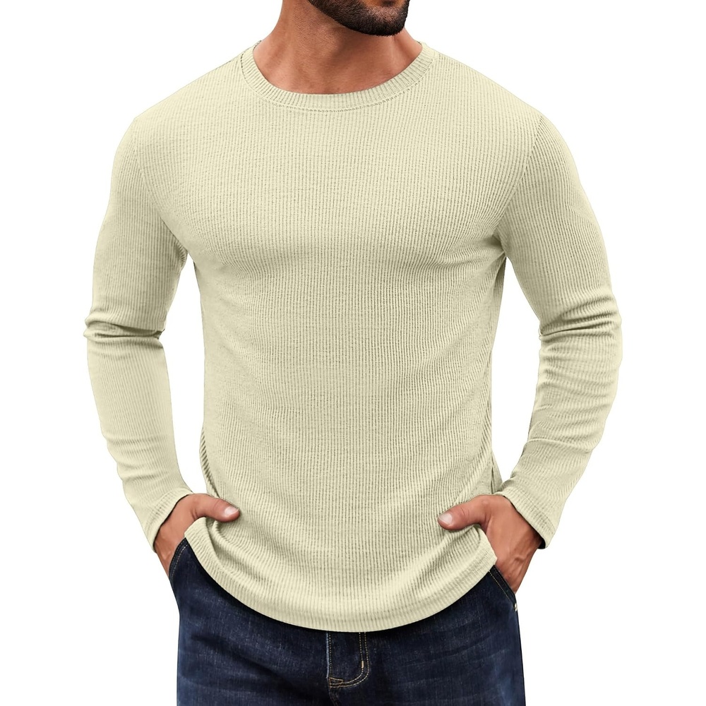 image:imageCOOFANDY Crewneck Sweaters for Men Slim Fit Long Sleeve Pullover Tops  Stretch Ribbed Knit Soft Touch Fabric High Elasticity Thermal Long Sleeve Tee ShirtsBeige