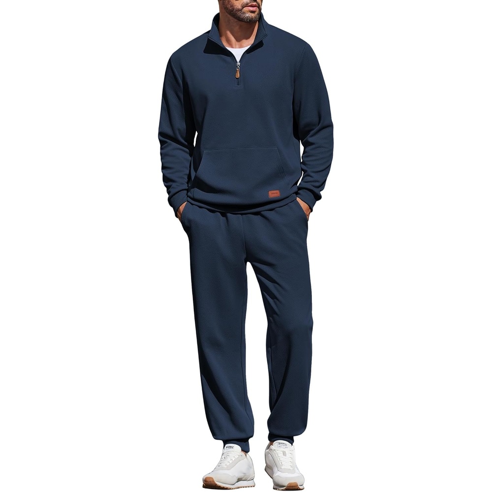 image:imageCOOFANDY Mens 2 Piece Tracksuit Sets Casual Quarter Zip Athletic Sweatsuit Quarter Zip Sweatshirt Drawstring Jogging Pants Twill Quilted Textured Kangaroo Pocket Leather LabelFall Winter OutfitsNavy Blue