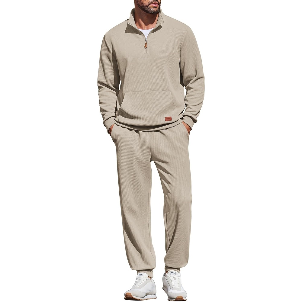 image:imageCOOFANDY Mens 2 Piece Tracksuit Sets Casual Quarter Zip Athletic Sweatsuit Quarter Zip Sweatshirt Drawstring Jogging Pants Twill Quilted Textured Kangaroo Pocket Leather LabelFall Winter OutfitsLight Khaki