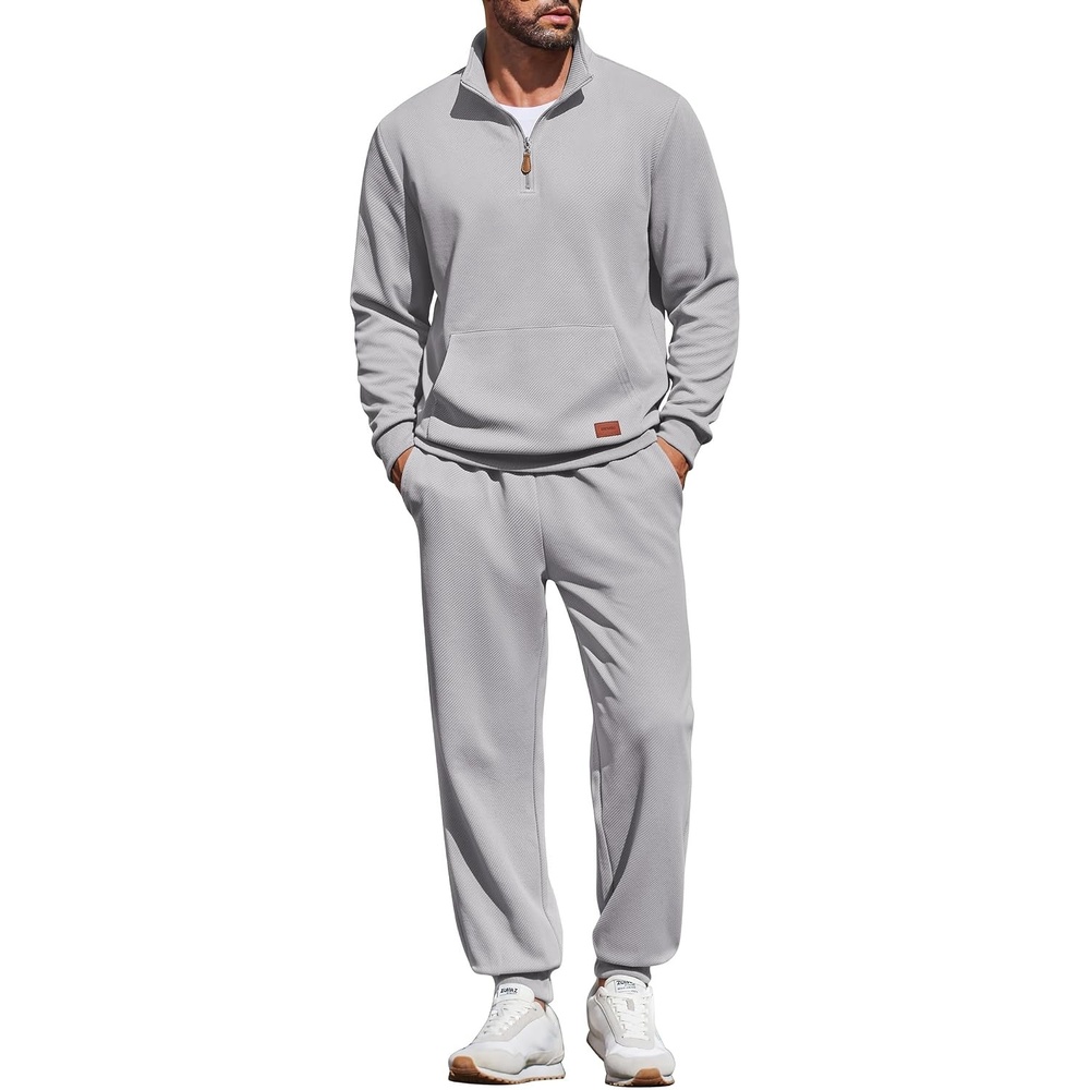 image:imageCOOFANDY Mens 2 Piece Tracksuit Sets Casual Quarter Zip Athletic Sweatsuit  Quarter Zip Sweatshirt Drawstring Jogging Pants Twill Quilted Textured Kangaroo Pocket Leather LabelFall Winter OutfitsLight Gray