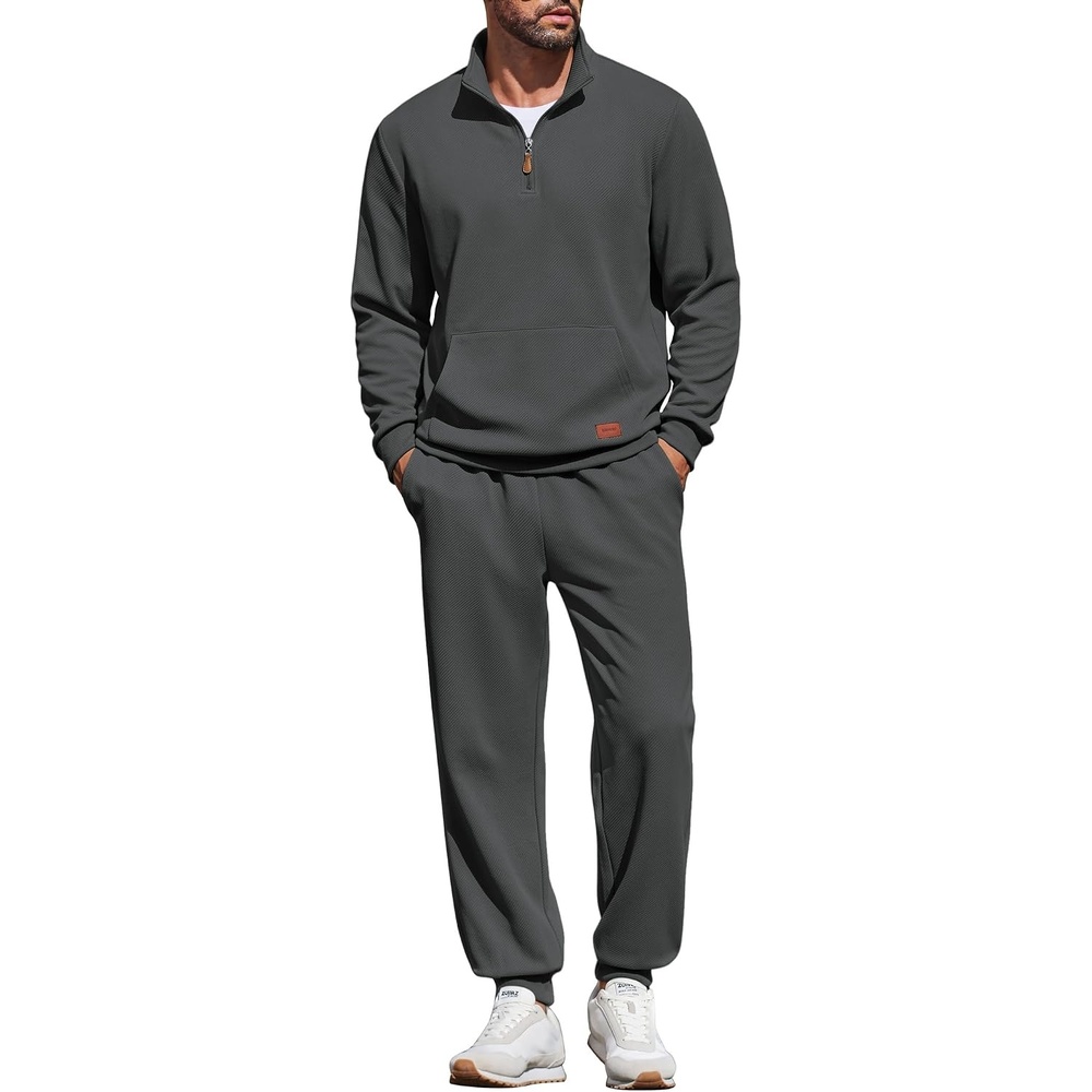 image:imageCOOFANDY Mens 2 Piece Tracksuit Sets Casual Quarter Zip Athletic Sweatsuit Quarter Zip Sweatshirt Drawstring Jogging Pants Twill Quilted Textured Kangaroo Pocket Leather LabelFall Winter OutfitsDark Grey