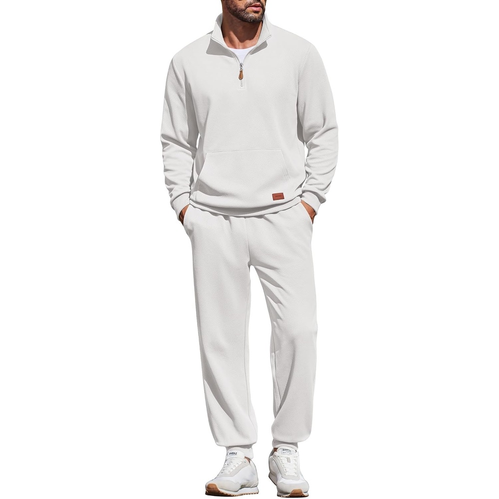 image:imageCOOFANDY Mens 2 Piece Tracksuit Sets Casual Quarter Zip Athletic Sweatsuit Quarter Zip Sweatshirt Drawstring Jogging Pants Twill Quilted Textured Kangaroo Pocket Leather LabelFall Winter OutfitsWhite