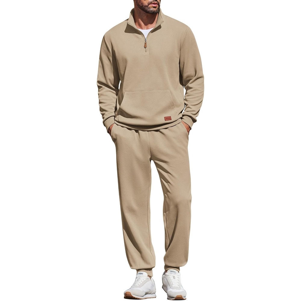 image:imageCOOFANDY Mens 2 Piece Tracksuit Sets Casual Quarter Zip Athletic Sweatsuit Quarter Zip Sweatshirt Drawstring Jogging Pants Twill Quilted Textured Kangaroo Pocket Leather LabelFall Winter OutfitsKhaki