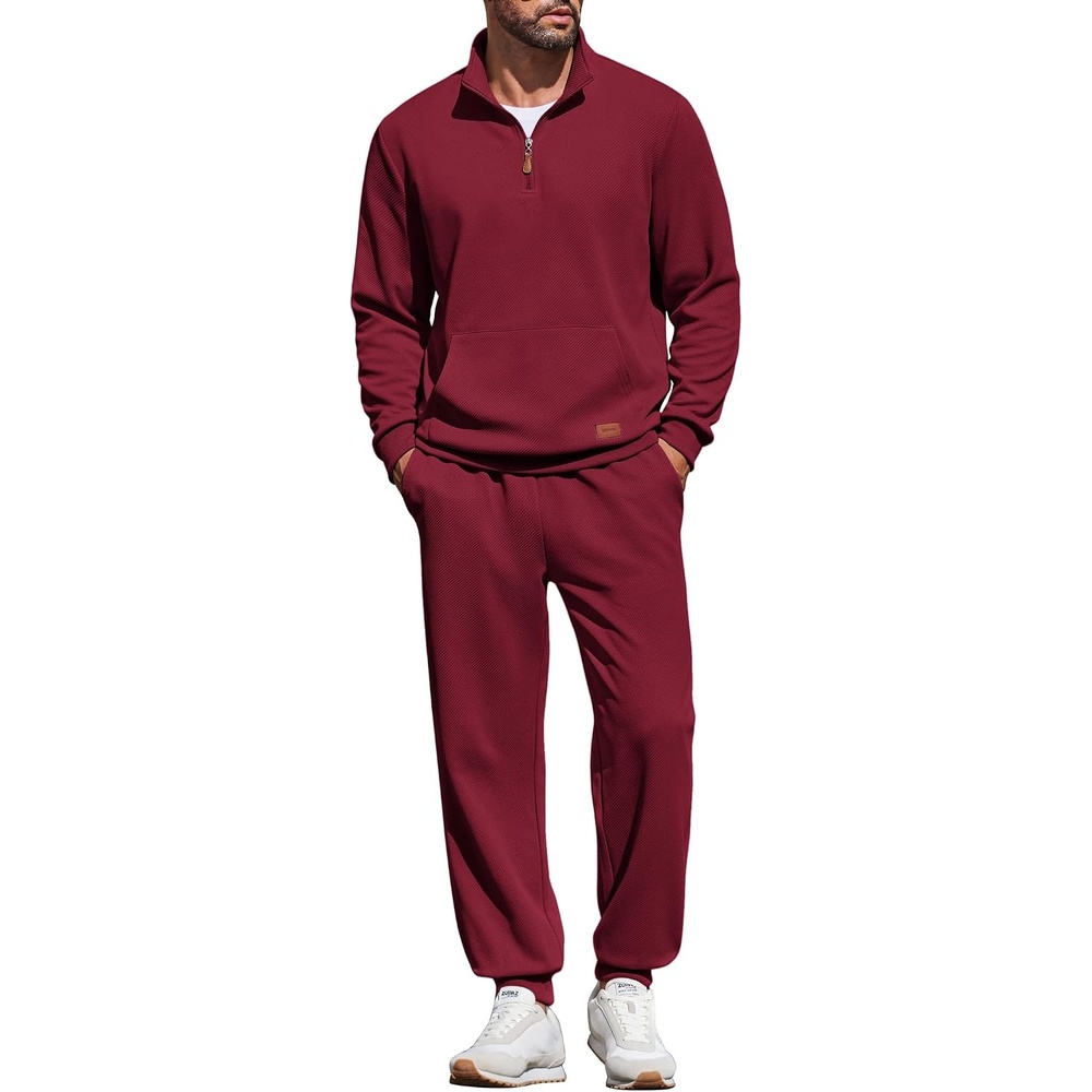 image:imageCOOFANDY Mens 2 Piece Tracksuit Sets Casual Quarter Zip Athletic Sweatsuit Quarter Zip Sweatshirt Drawstring Jogging Pants Twill Quilted Textured Kangaroo Pocket Leather LabelFall Winter OutfitsWine Red