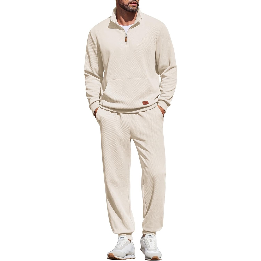 image:imageCOOFANDY Mens 2 Piece Tracksuit Sets Casual Quarter Zip Athletic Sweatsuit Quarter Zip Sweatshirt Drawstring Jogging Pants Twill Quilted Textured Kangaroo Pocket Leather LabelFall Winter OutfitsApricot