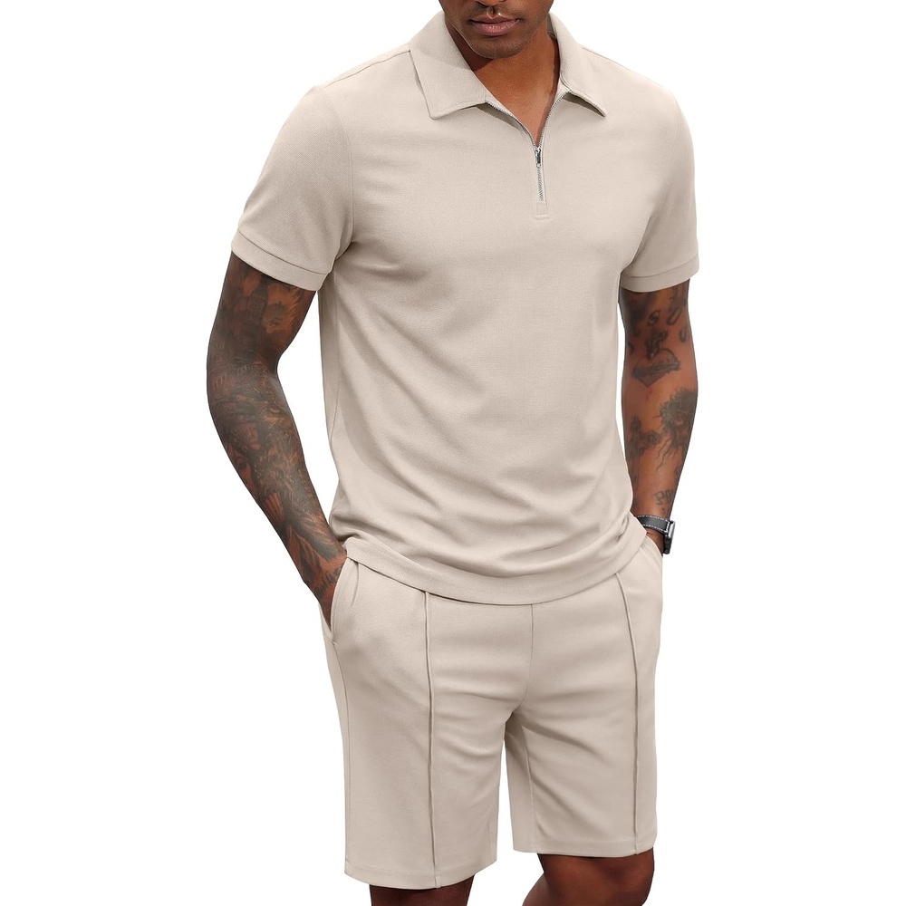 image:imageCOOFANDY Mens 2 Pieces Outfits Quarter Zip Polo Shirt and Shorts Set Casual Summer TracksuitBeige