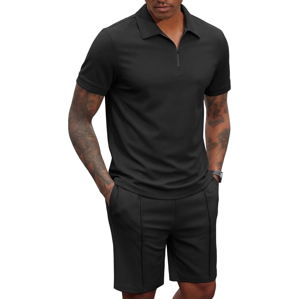 image:imageCOOFANDY Mens 2 Pieces Outfits Quarter Zip Polo Shirt and Shorts Set Casual Summer TracksuitBlack