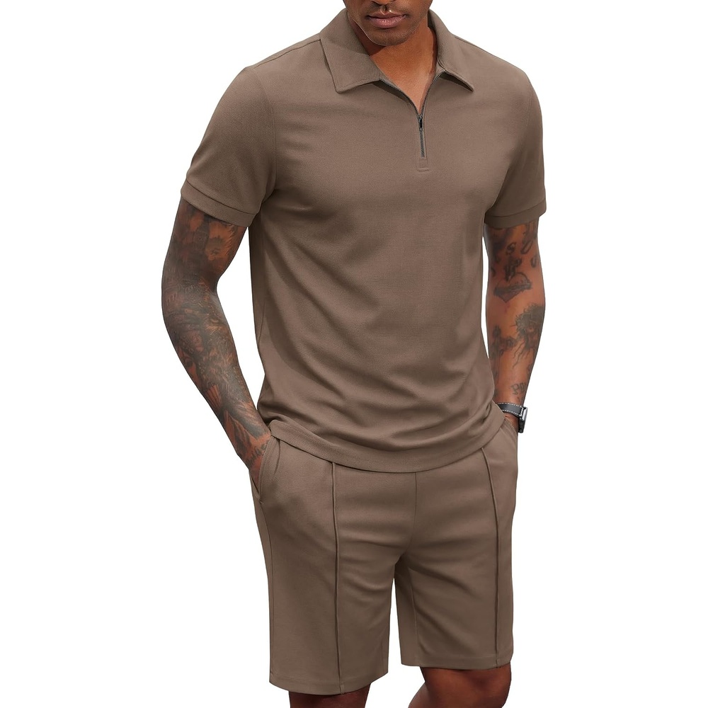 image:imageCOOFANDY Mens 2 Pieces Outfits Quarter Zip Polo Shirt and Shorts Set Casual Summer TracksuitBrown