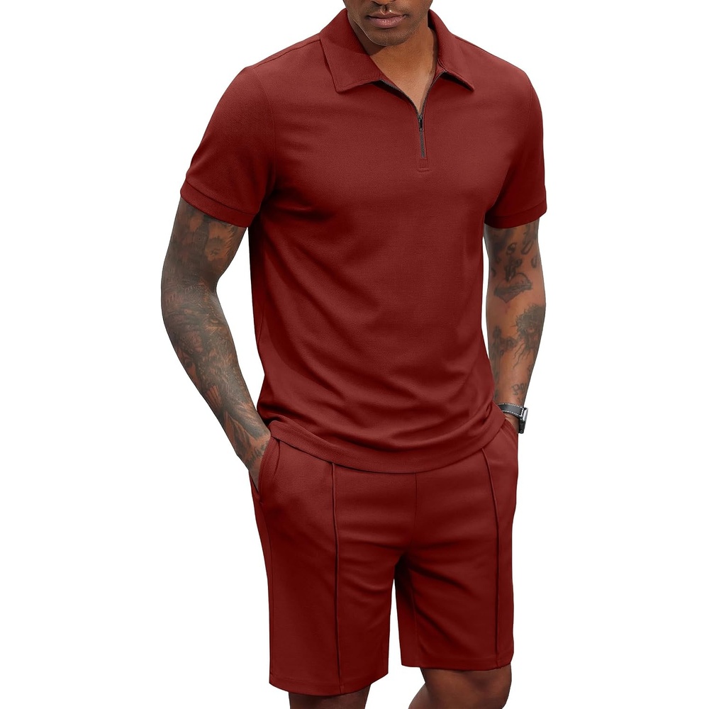 image:imageCOOFANDY Mens 2 Pieces Outfits Quarter Zip Polo Shirt and Shorts Set Casual Summer TracksuitWine Red