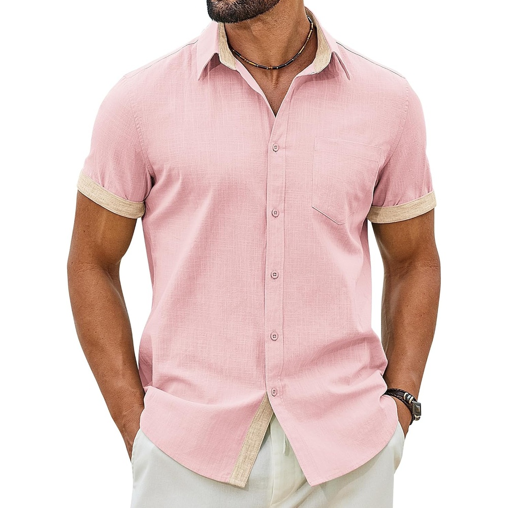 image:imageCOOFANDY Mens Button Down Shirts Short Sleeve Casual Cotton Shirts 100cottonLightweightBreathableContrasting Colors on the CollarCuffs and PlacketSuitable for All OccasionsPink