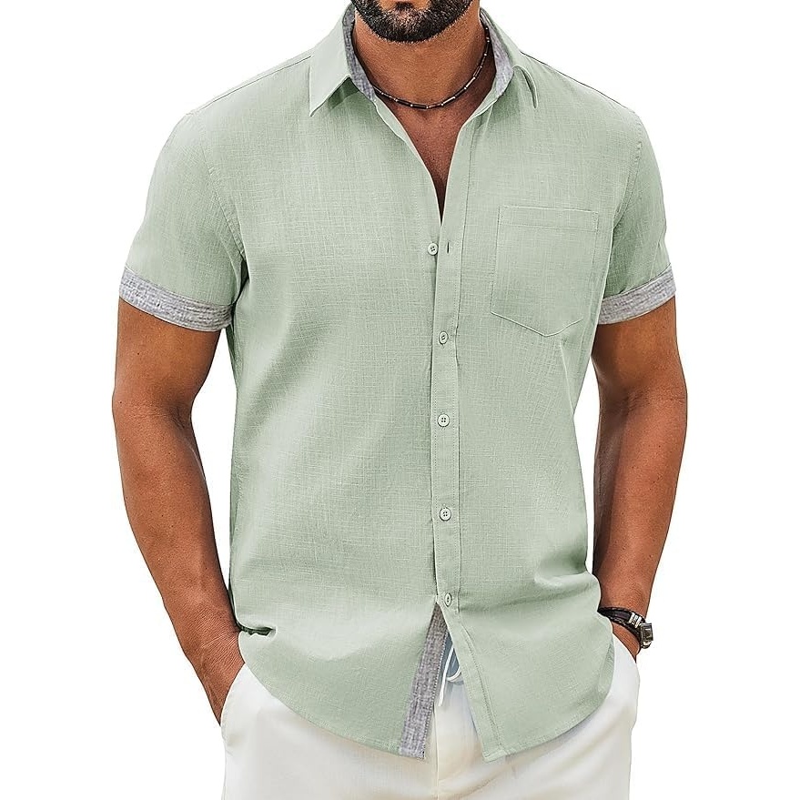 image:imageCOOFANDY Mens Button Down Shirts Short Sleeve Casual Cotton Shirts  100cottonLightweightBreathableContrasting Colors on the CollarCuffs and PlacketSuitable for All OccasionsLight Green