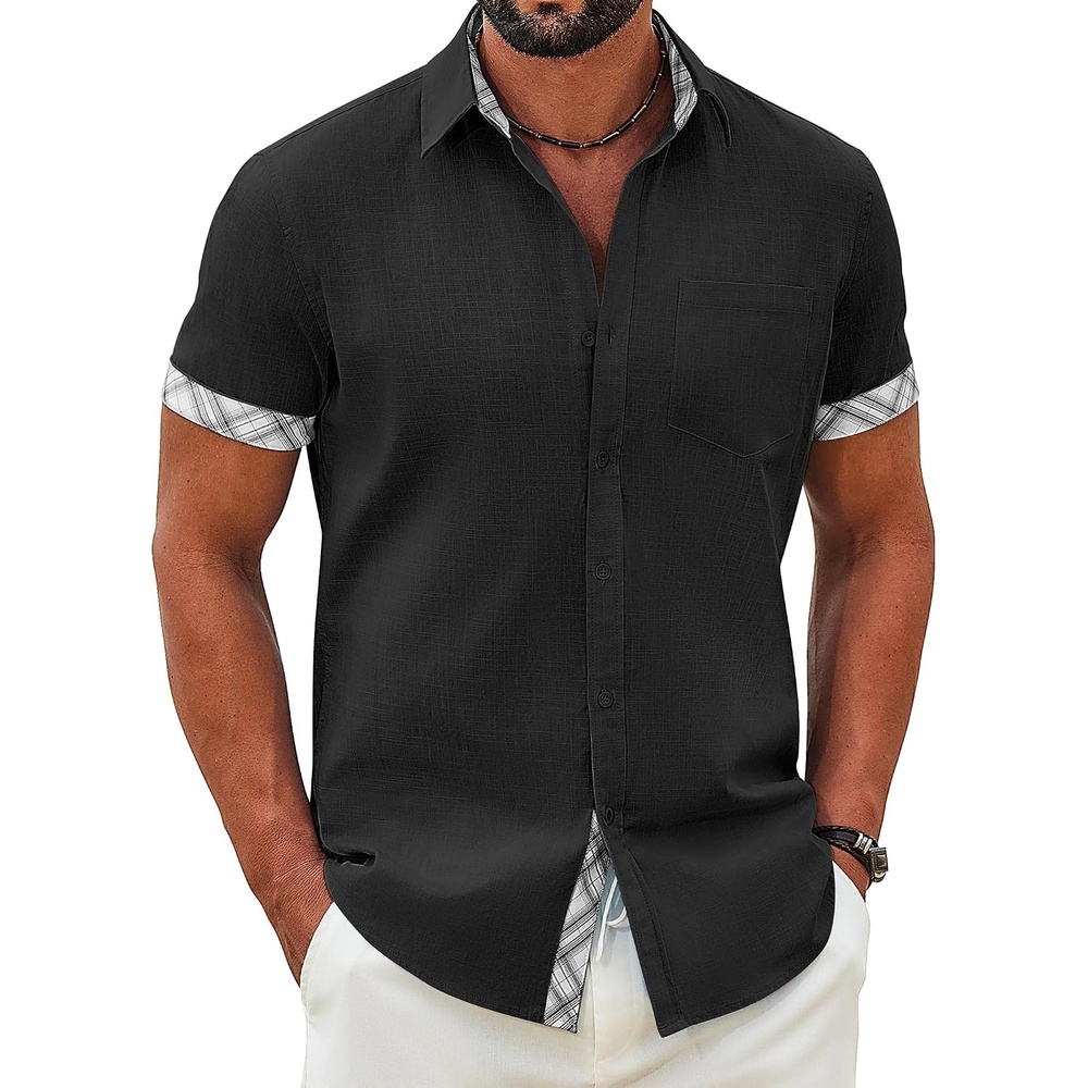 image:imageCOOFANDY Mens Button Down Shirts Short Sleeve Casual Cotton Shirts  100cottonLightweightBreathableContrasting Colors on the CollarCuffs and PlacketSuitable for All OccasionsBlack