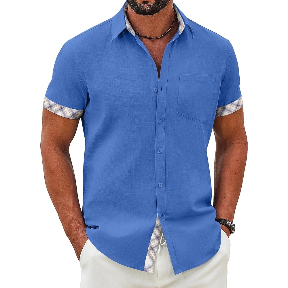 image:imageCOOFANDY Mens Button Down Shirts Short Sleeve Casual Cotton Shirts 100cottonLightweightBreathableContrasting Colors on the CollarCuffs and PlacketSuitable for All OccasionsOcean Blue