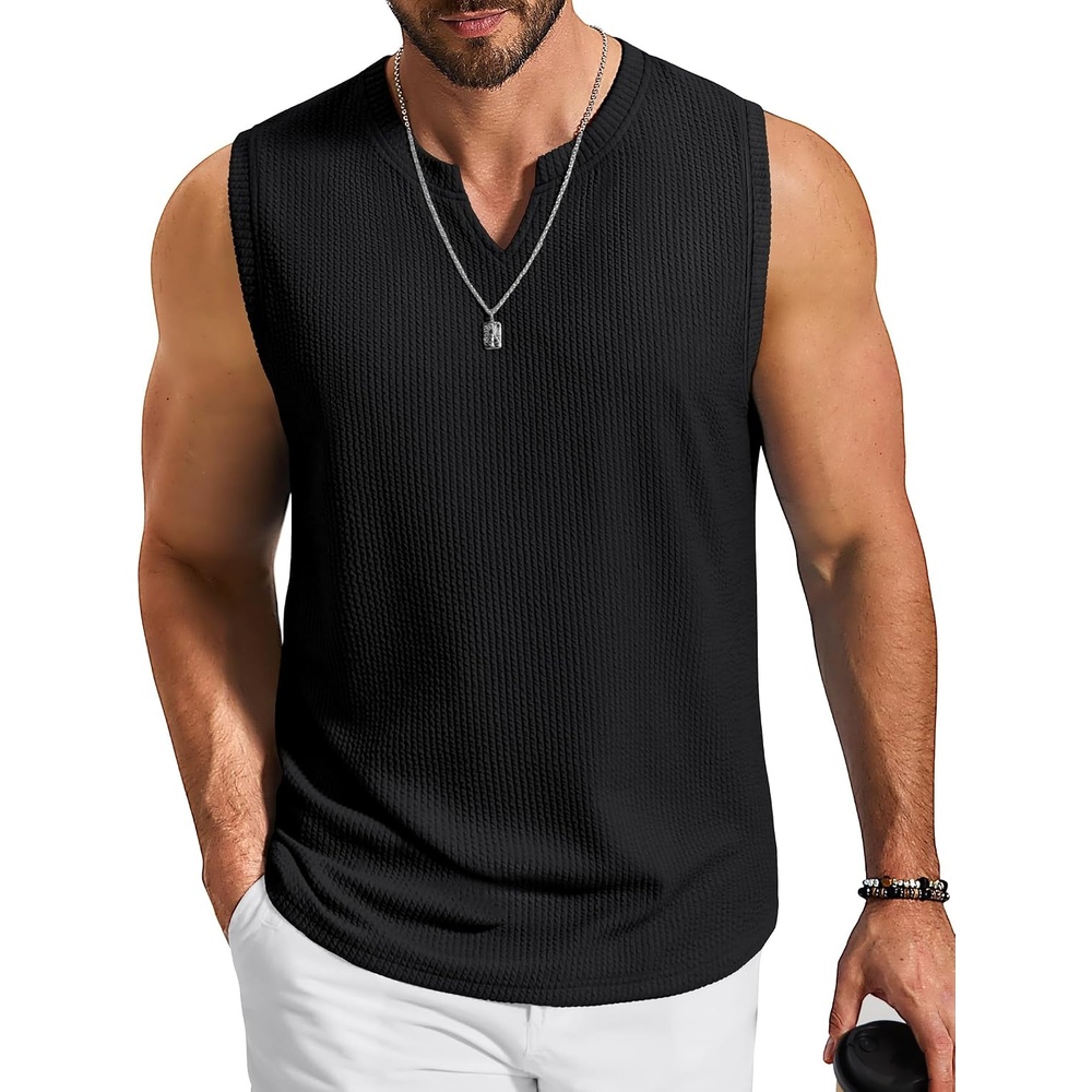 image:imageCOOFANDY Mens Casual Tank Top V Neck Knit Jacquard Summer Sleeveless Shirts Lightweight 3D Textured TankPerfect for Beach VacationBreathable and StretchableResort Wear or Retro Street StyleBlack