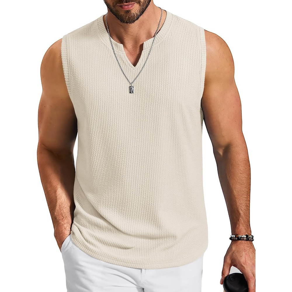 image:imageCOOFANDY Mens Casual Tank Top V Neck Knit Jacquard Summer Sleeveless Shirts  Lightweight 3D Textured TankPerfect for Beach VacationBreathable and StretchableResort Wear or Retro Street StyleBeige