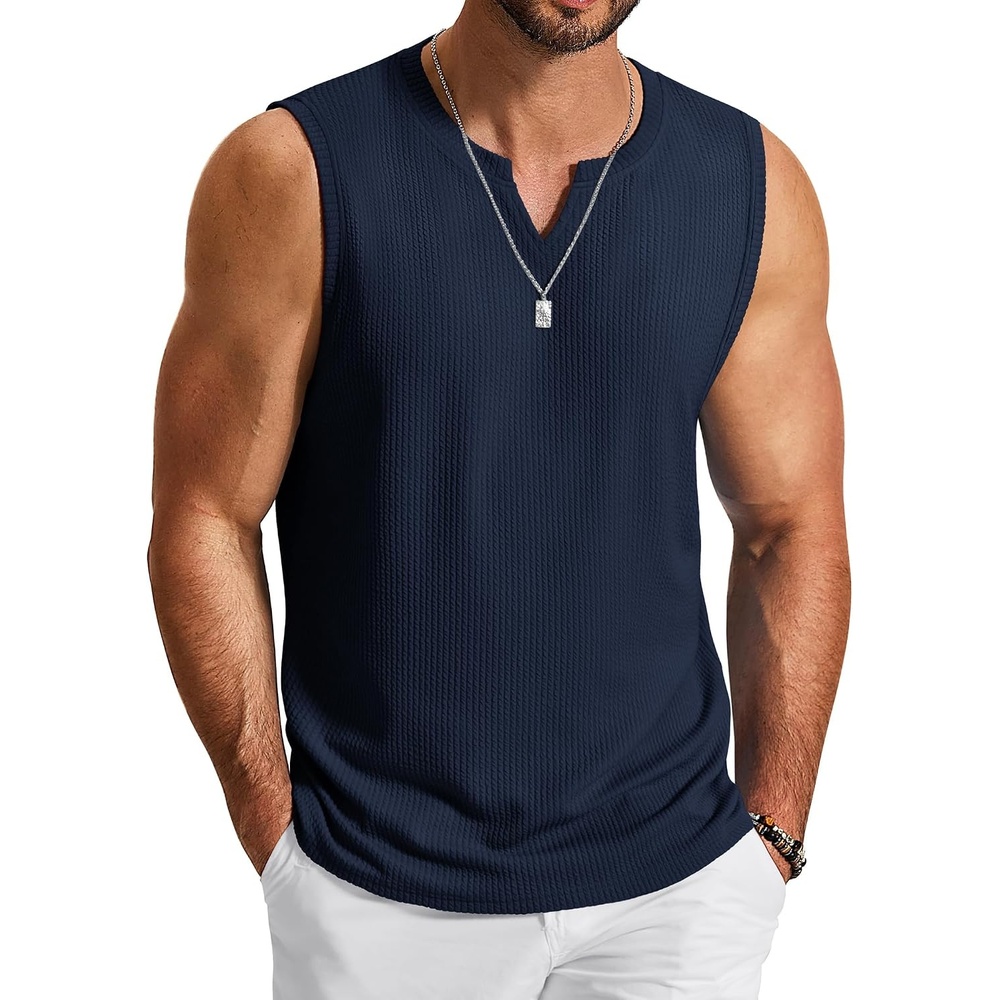 image:imageCOOFANDY Mens Casual Tank Top V Neck Knit Jacquard Summer Sleeveless Shirts Lightweight 3D Textured TankPerfect for Beach VacationBreathable and StretchableResort Wear or Retro Street StyleNavy Blue