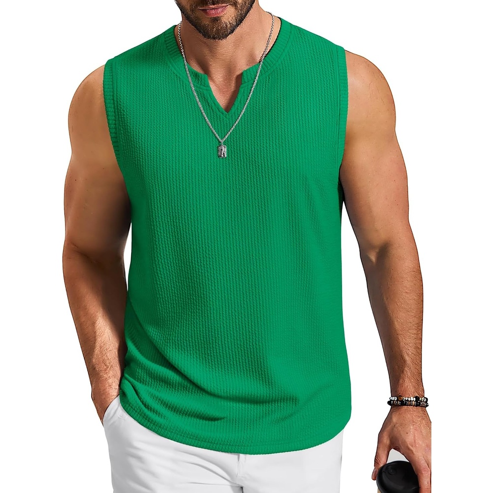 image:imageCOOFANDY Mens Casual Tank Top V Neck Knit Jacquard Summer Sleeveless Shirts Lightweight 3D Textured TankPerfect for Beach VacationBreathable and StretchableResort Wear or Retro Street StyleGreen