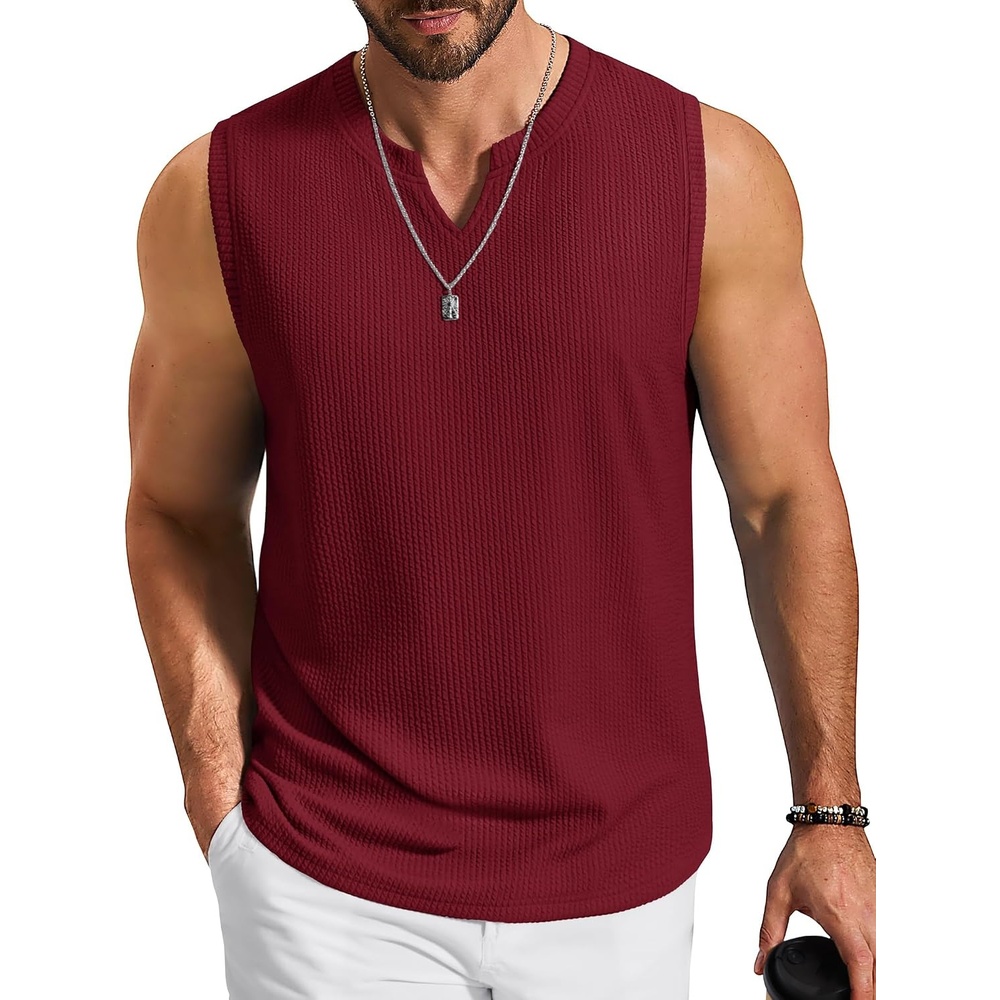 image:imageCOOFANDY Mens Casual Tank Top V Neck Knit Jacquard Summer Sleeveless Shirts Lightweight 3D Textured TankPerfect for Beach VacationBreathable and StretchableResort Wear or Retro Street StyleWine Red