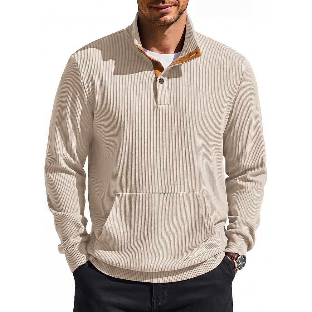 image:imageCOOFANDY Mens Corduroy Sweatshirt 14 Button Long Sleeve Pullover  Corduroy Sweatshirt Quarter Button Pullover Lightweight Long Sleeve Kangaroo Pockets Athletic Sweater WorkoutBeige
