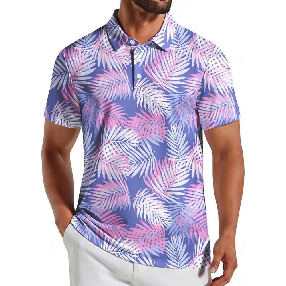 image:imageCOOFANDY Mens Golf Polo Shirts Short Sleeve Quick Dry Casual Collared Shirt Quickdry 4way stretch UPF30 moisturewicking fabric 3button polo collar side slits great for golf work amp giftsLight Blue Leaf