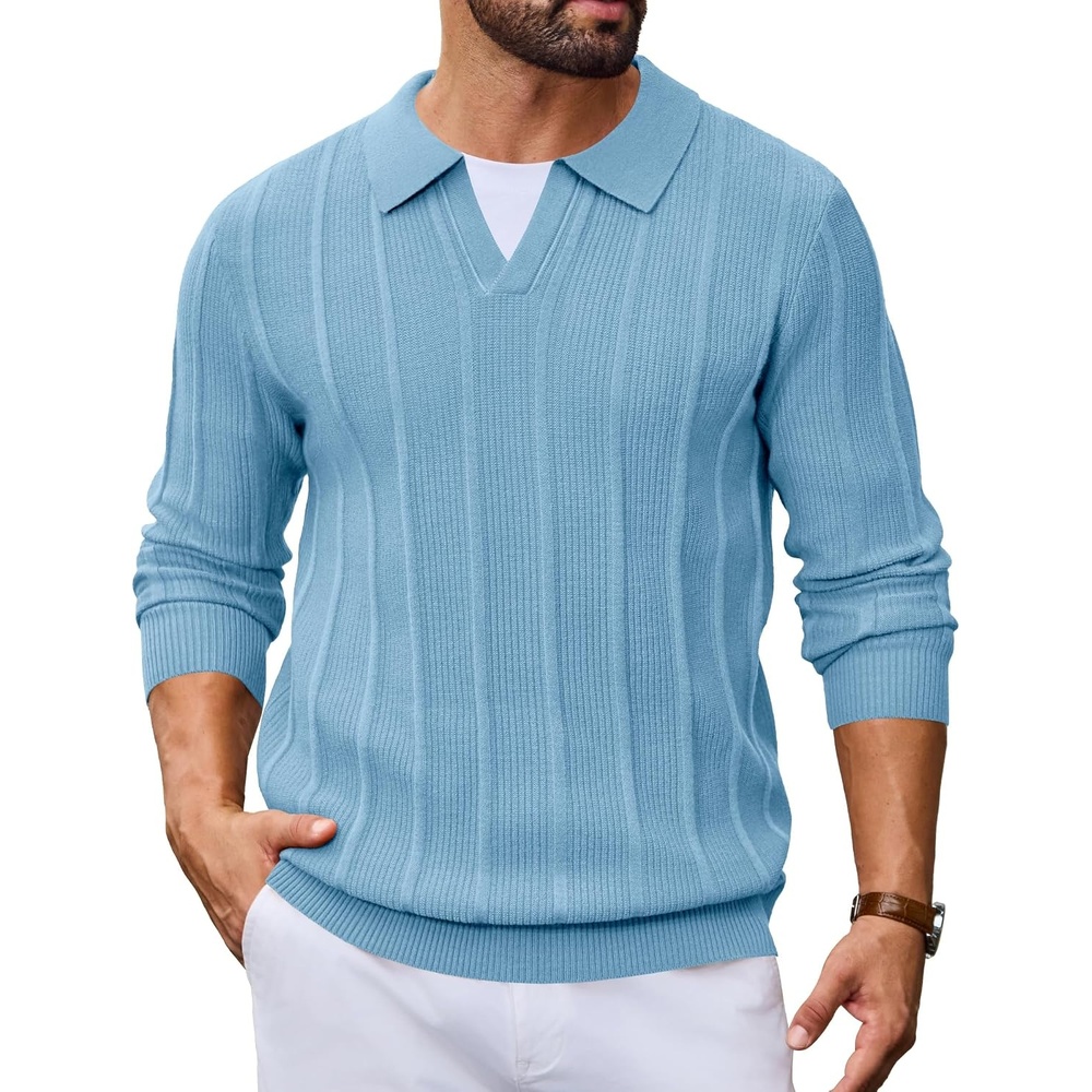 image:imageCOOFANDY Mens Knit Long Sleeve Polo Shirt Sweater VNeck Textured Pullover Polo Collared Sweater Casual Shirt Soft Textured Knit Golf Polo Sweater With VNeck Collar Ribbed Cuffs Fall WinterLight Blue