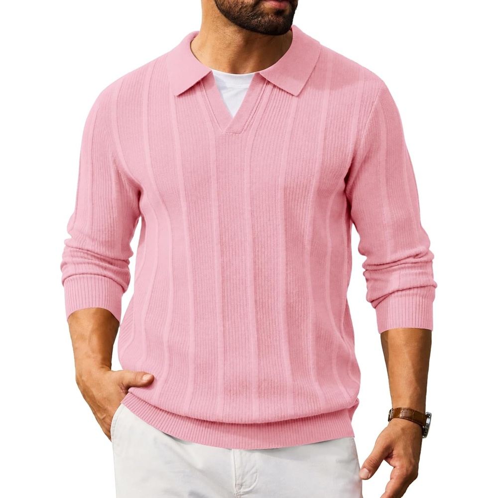 image:imageCOOFANDY Mens Knit Long Sleeve Polo Shirt Sweater VNeck Textured Pullover Polo Collared Sweater Casual Shirt Soft Textured Knit Golf Polo Sweater With VNeck Collar Ribbed Cuffs Fall WinterPink