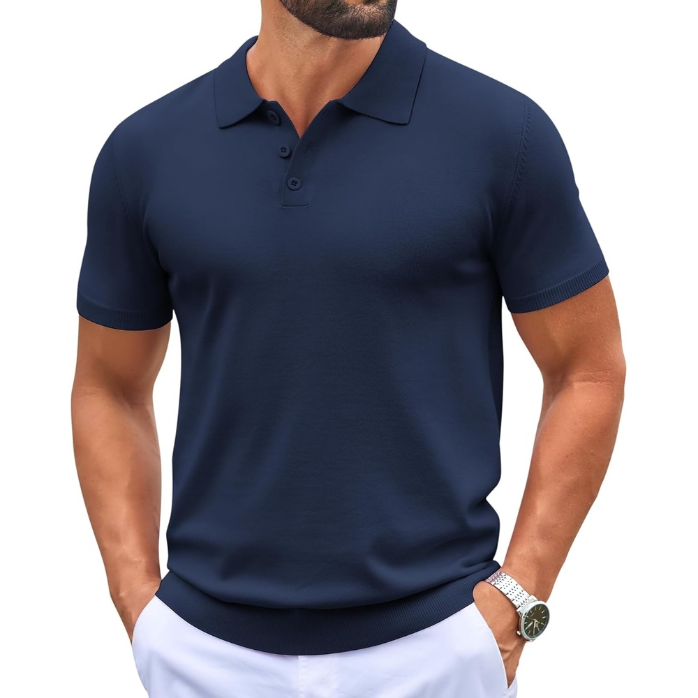 image:imageCOOFANDY Mens Knit Polo Shirts Casual Short Sleeve Button Down Polo Shirt Knit polo soft breathable stretch 3button placket elastic ribbed cuffs and hem casual business classic stylishNavy Blue