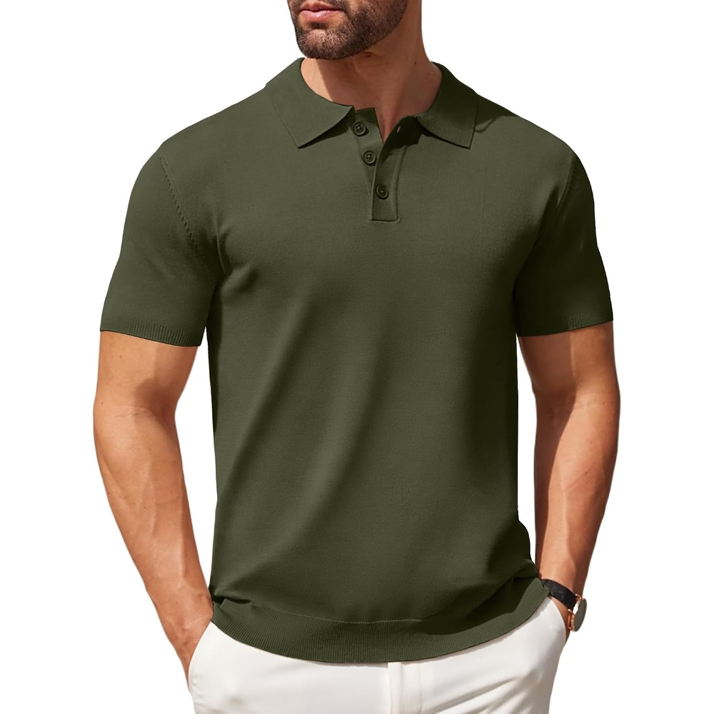 image:imageCOOFANDY Mens Knit Polo Shirts Casual Short Sleeve Button Down Polo Shirt  Knit polo soft breathable stretch 3button placket elastic ribbed cuffs and hem casual business classic stylishArmy Green