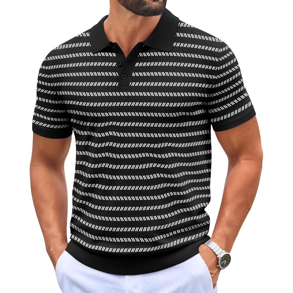 image:imageCOOFANDY Mens Knit Polo Shirts Casual Short Sleeve Button Down Polo Shirt  Knit polo soft breathable stretch 3button placket elastic ribbed cuffs and hem casual business classic stylishFblackWhite Striped