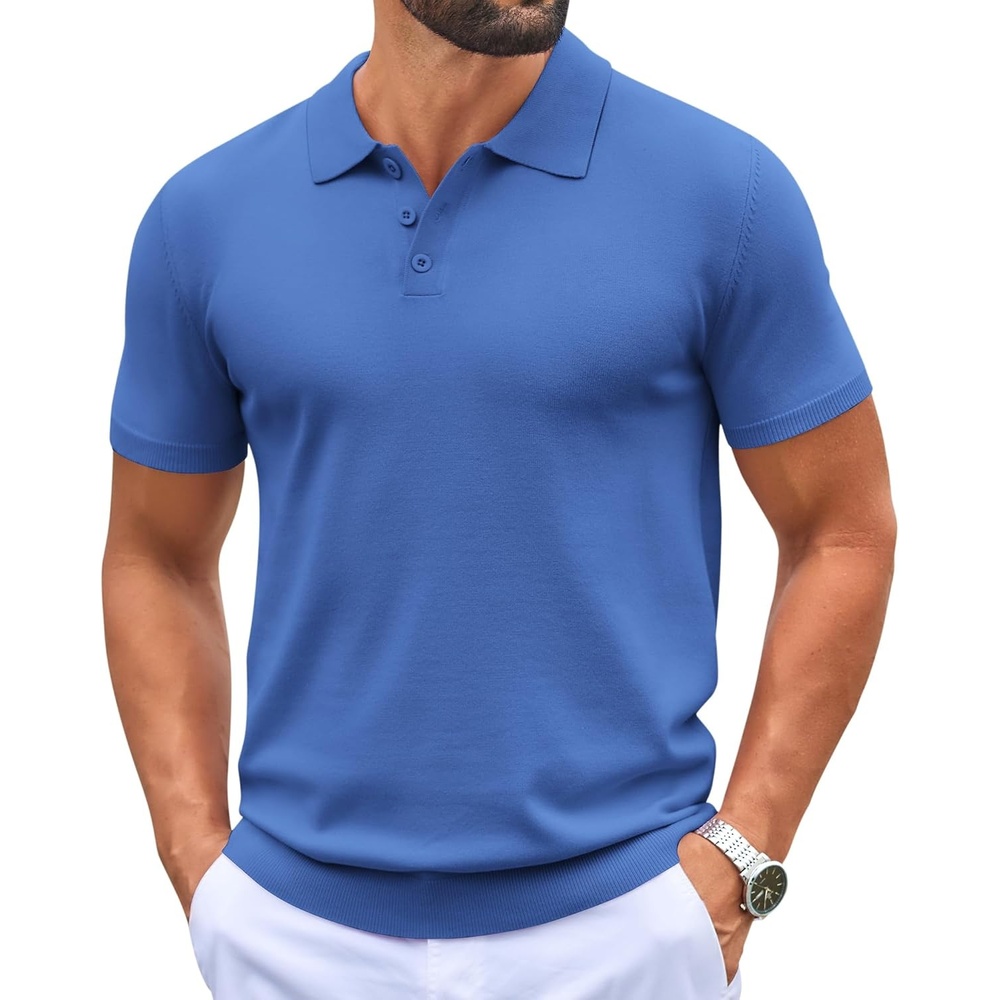image:imageCOOFANDY Mens Knit Polo Shirts Casual Short Sleeve Button Down Polo Shirt Knit polo soft breathable stretch 3button placket elastic ribbed cuffs and hem casual business classic stylishBlue