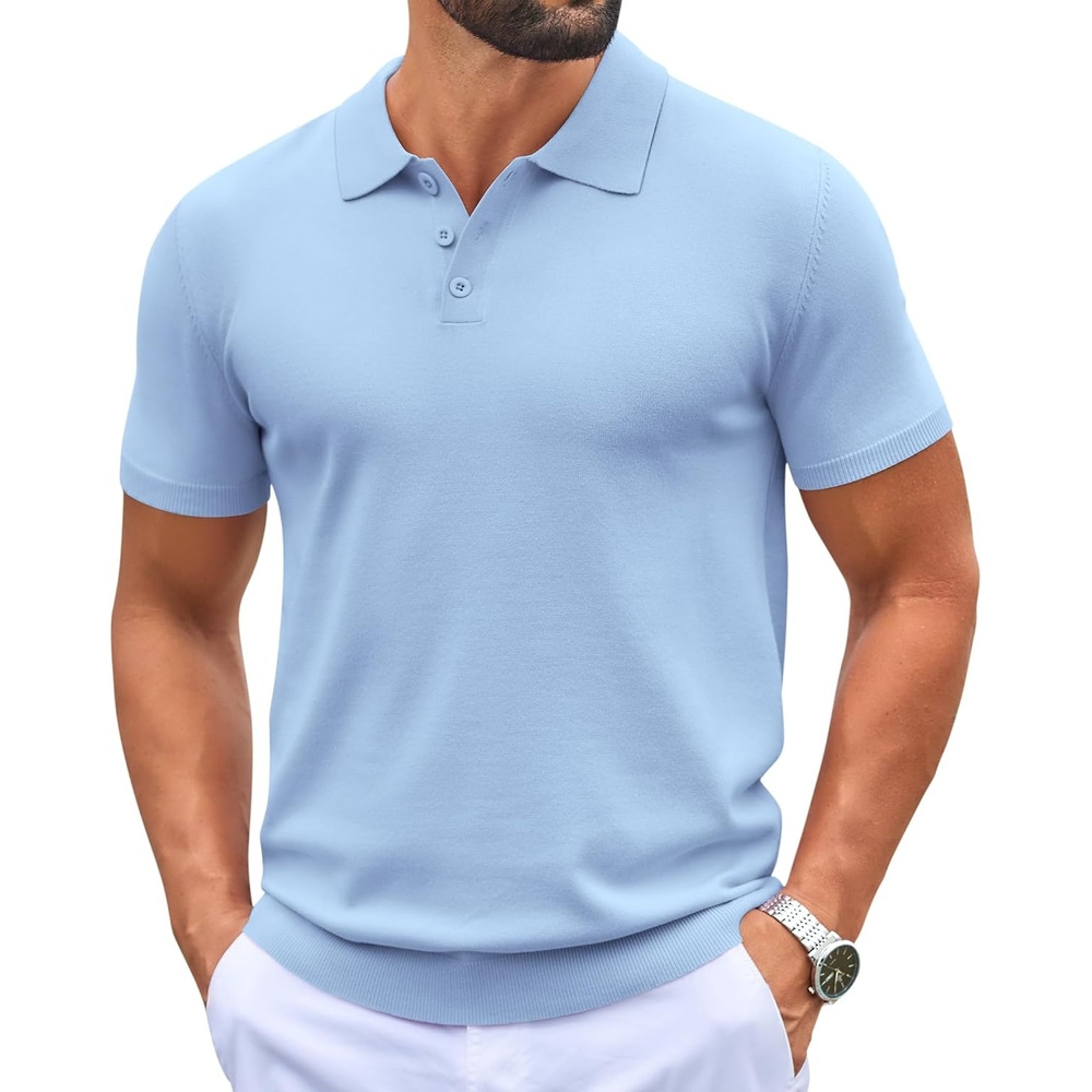 image:imageCOOFANDY Mens Knit Polo Shirts Casual Short Sleeve Button Down Polo Shirt Knit polo soft breathable stretch 3button placket elastic ribbed cuffs and hem casual business classic stylishLight Blue